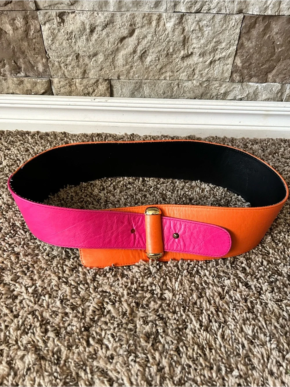 Retro 80s Women’s Two-Tone Wide Leather Belt – Pink & Orange
